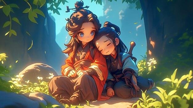 anime-style-image-woman-sitting-rock-forest_1034478-95007